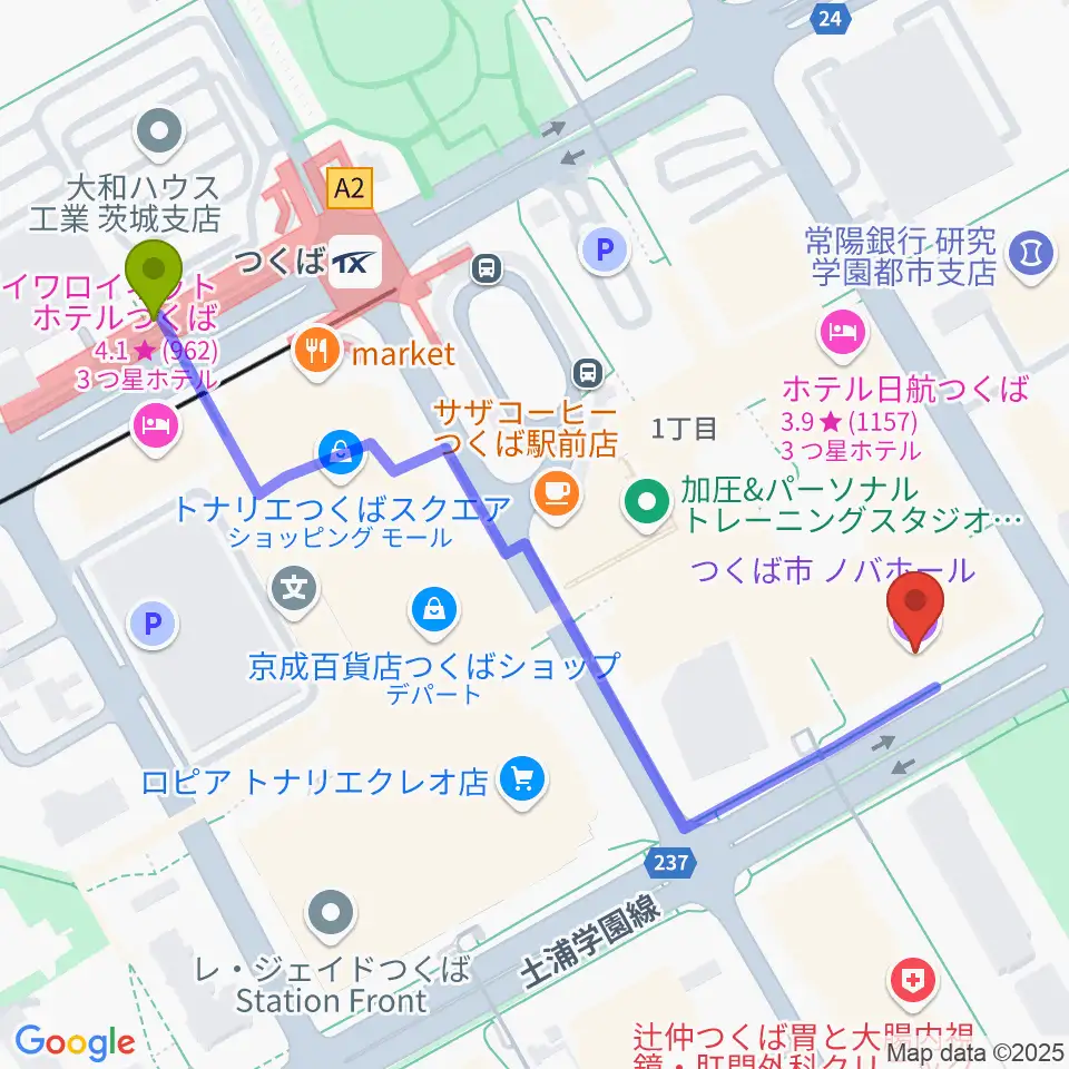 ノバホールの最寄駅つくば駅からの徒歩ルート（約6分）地図