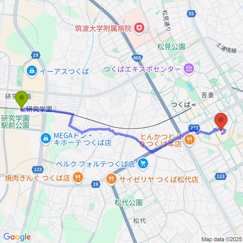研究学園駅からつくばカピオへのルートマップ地図