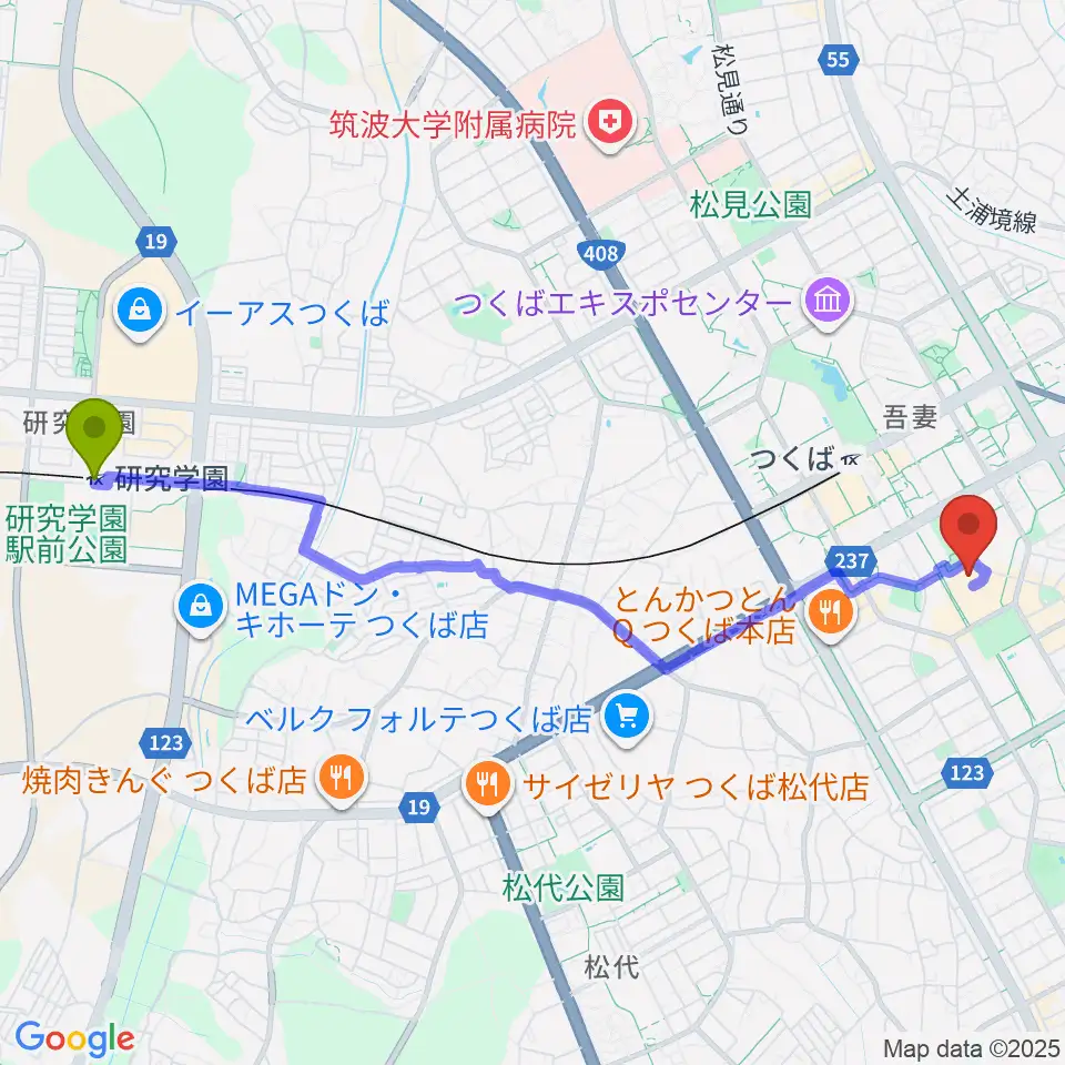 研究学園駅からつくばカピオへのルートマップ地図
