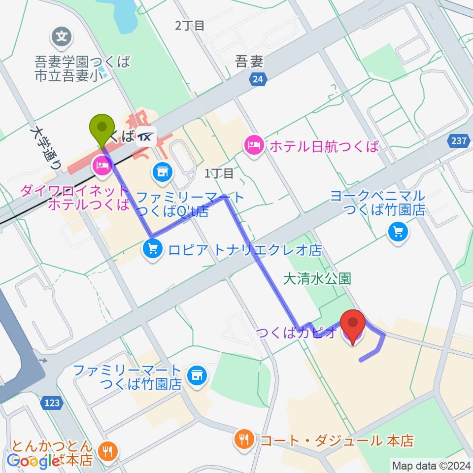 つくばカピオの最寄駅つくば駅からの徒歩ルート（約10分）地図