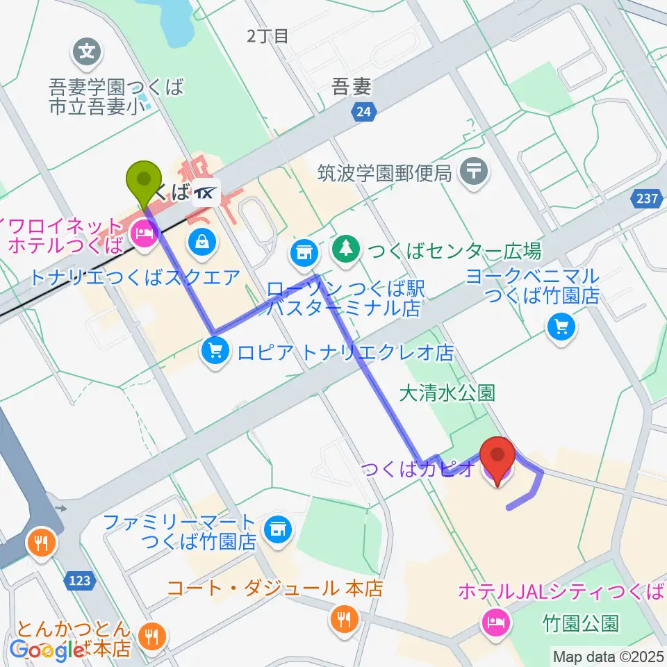 つくばカピオの最寄駅つくば駅からの徒歩ルート（約10分）地図