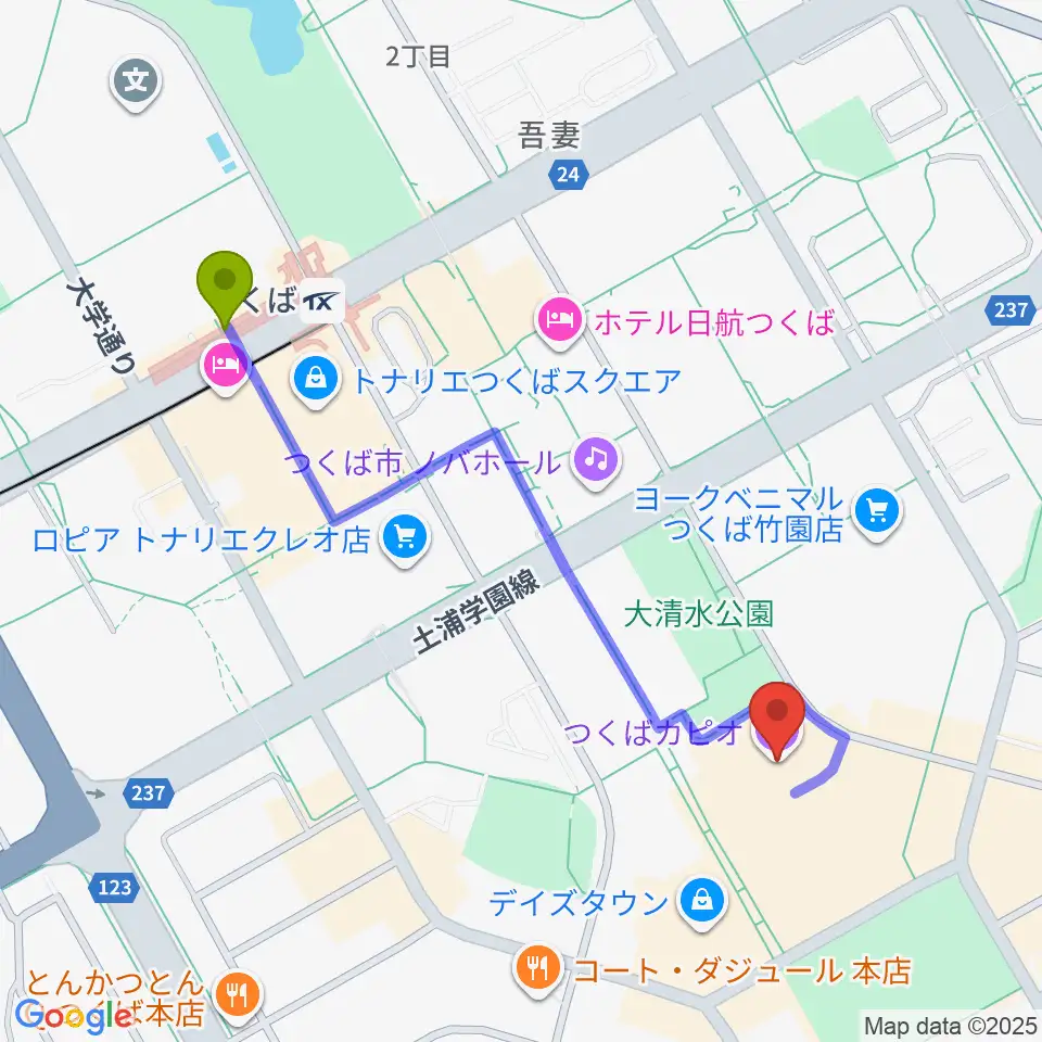 つくばカピオの最寄駅つくば駅からの徒歩ルート（約10分）地図