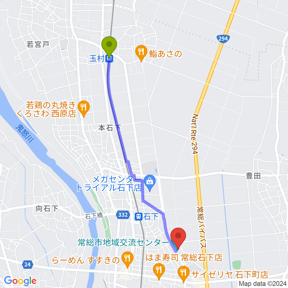 玉村駅から常総市地域交流センターへのルートマップ地図