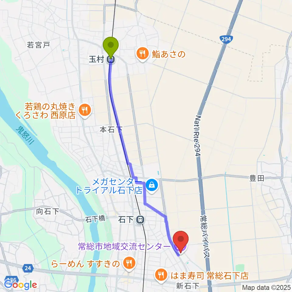 玉村駅から常総市地域交流センターへのルートマップ地図
