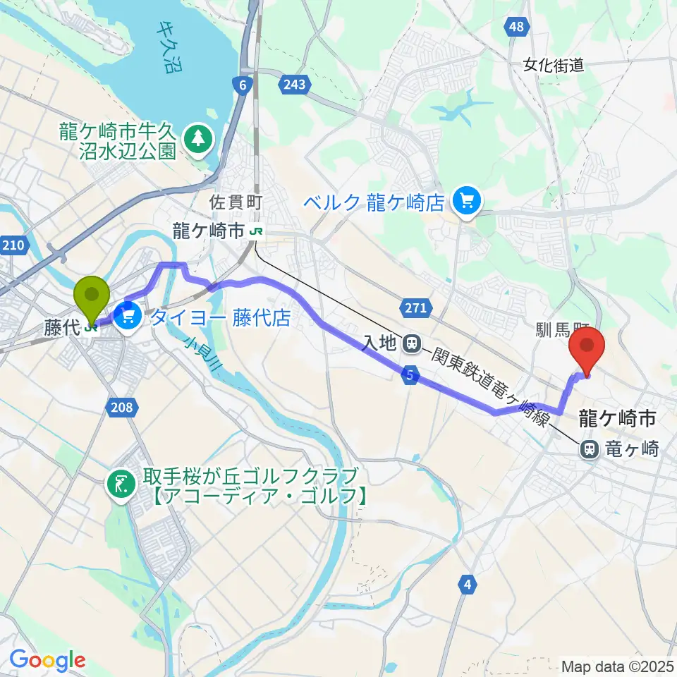 藤代駅から大昭ホール龍ケ崎へのルートマップ地図