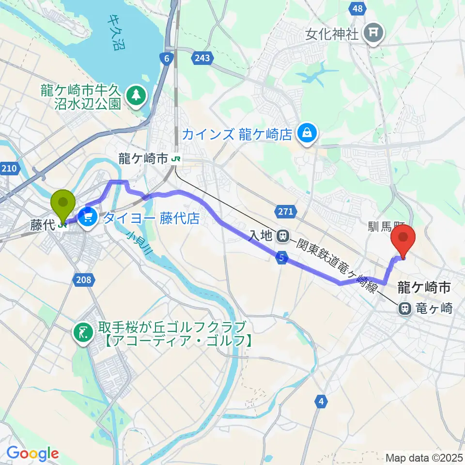 藤代駅から大昭ホール龍ケ崎へのルートマップ地図