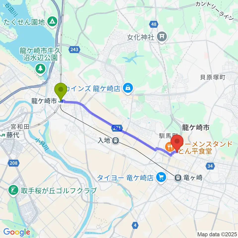 龍ケ崎市駅から大昭ホール龍ケ崎へのルートマップ地図