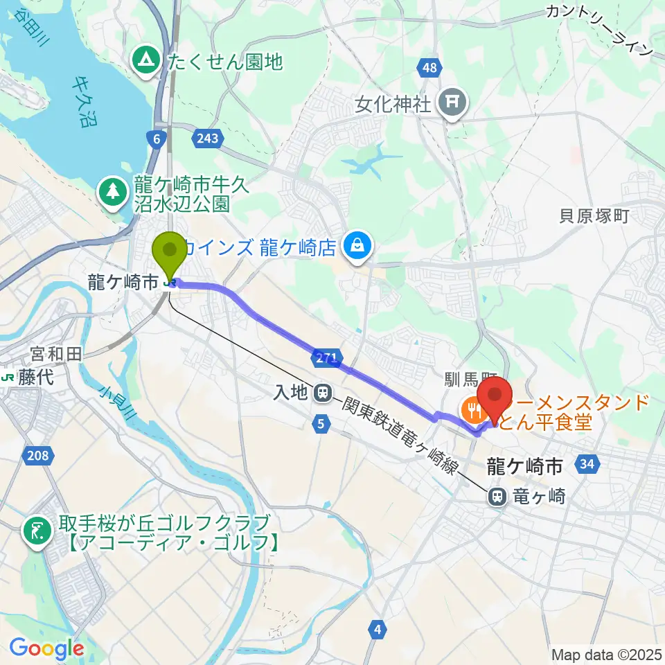 龍ケ崎市駅から大昭ホール龍ケ崎へのルートマップ地図