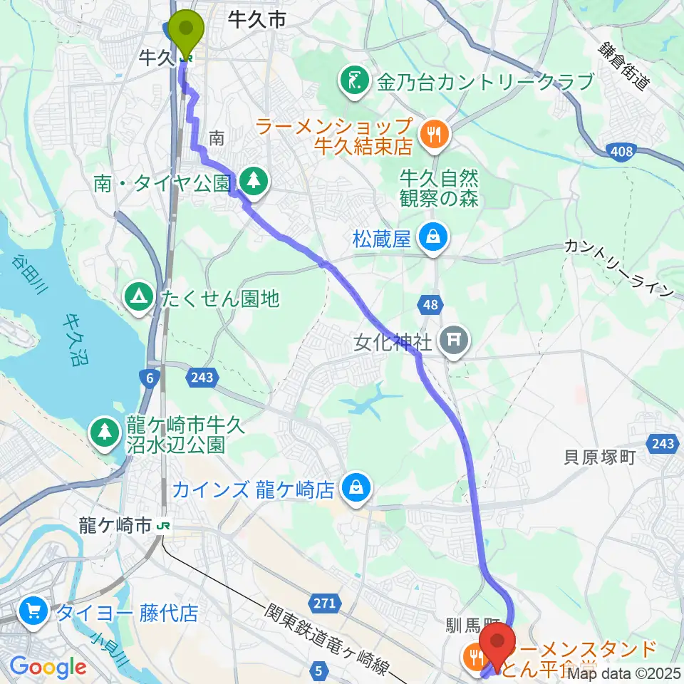 牛久駅から大昭ホール龍ケ崎へのルートマップ地図