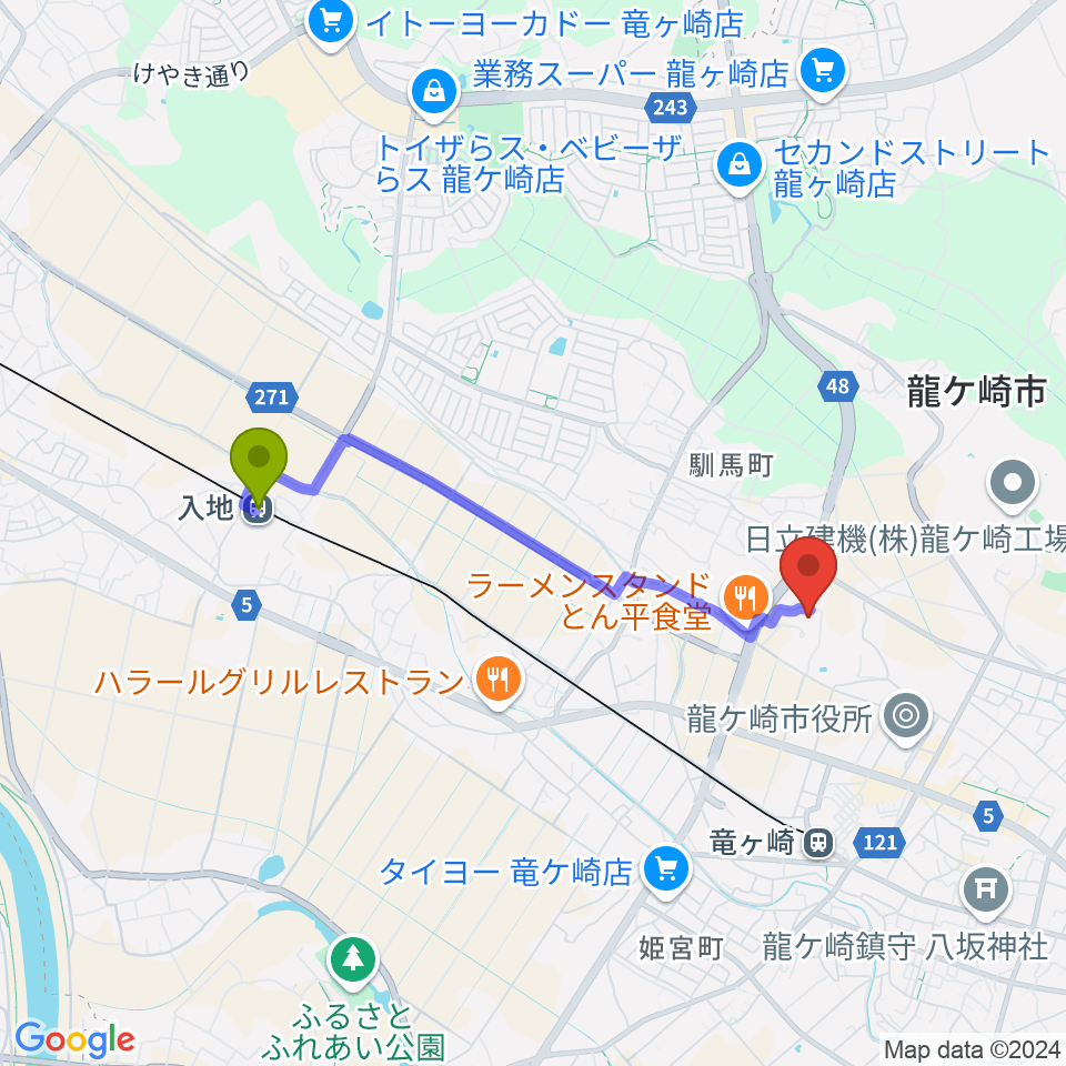 入地駅から大昭ホール龍ケ崎へのルートマップ地図