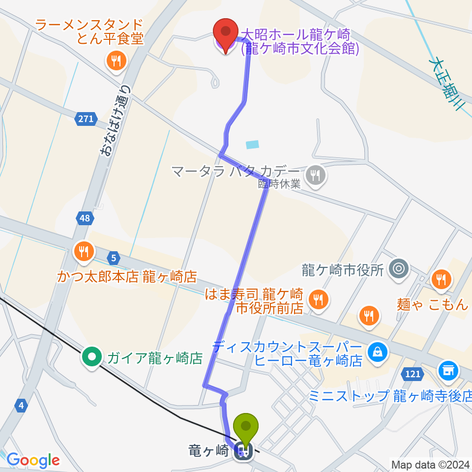 大昭ホール龍ケ崎の最寄駅竜ヶ崎駅からの徒歩ルート（約13分）地図