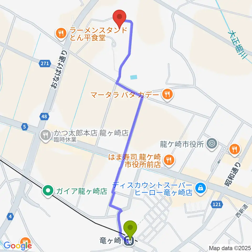 大昭ホール龍ケ崎の最寄駅竜ヶ崎駅からの徒歩ルート（約13分）地図