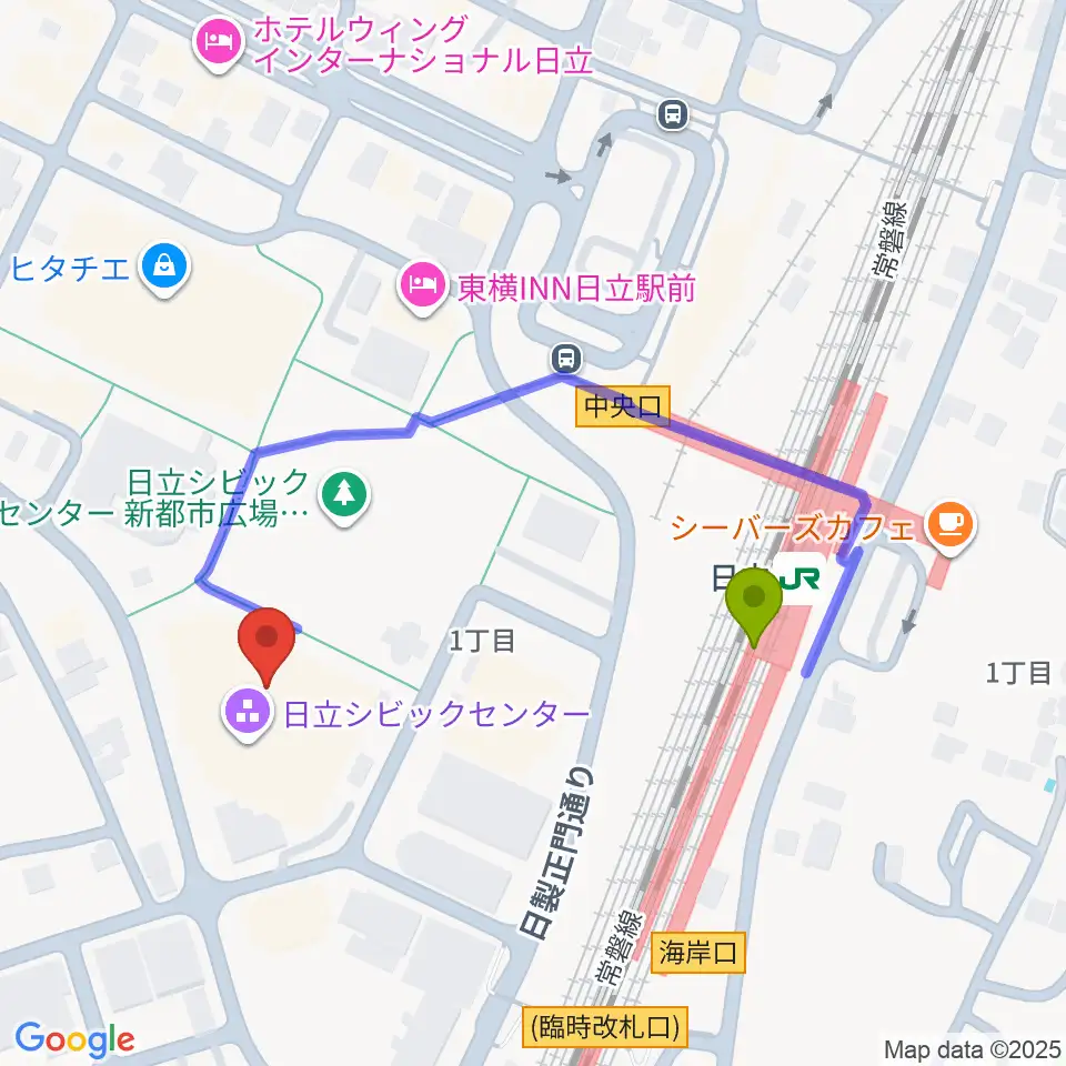 日立シビックセンターの最寄駅日立駅からの徒歩ルート（約4分）地図