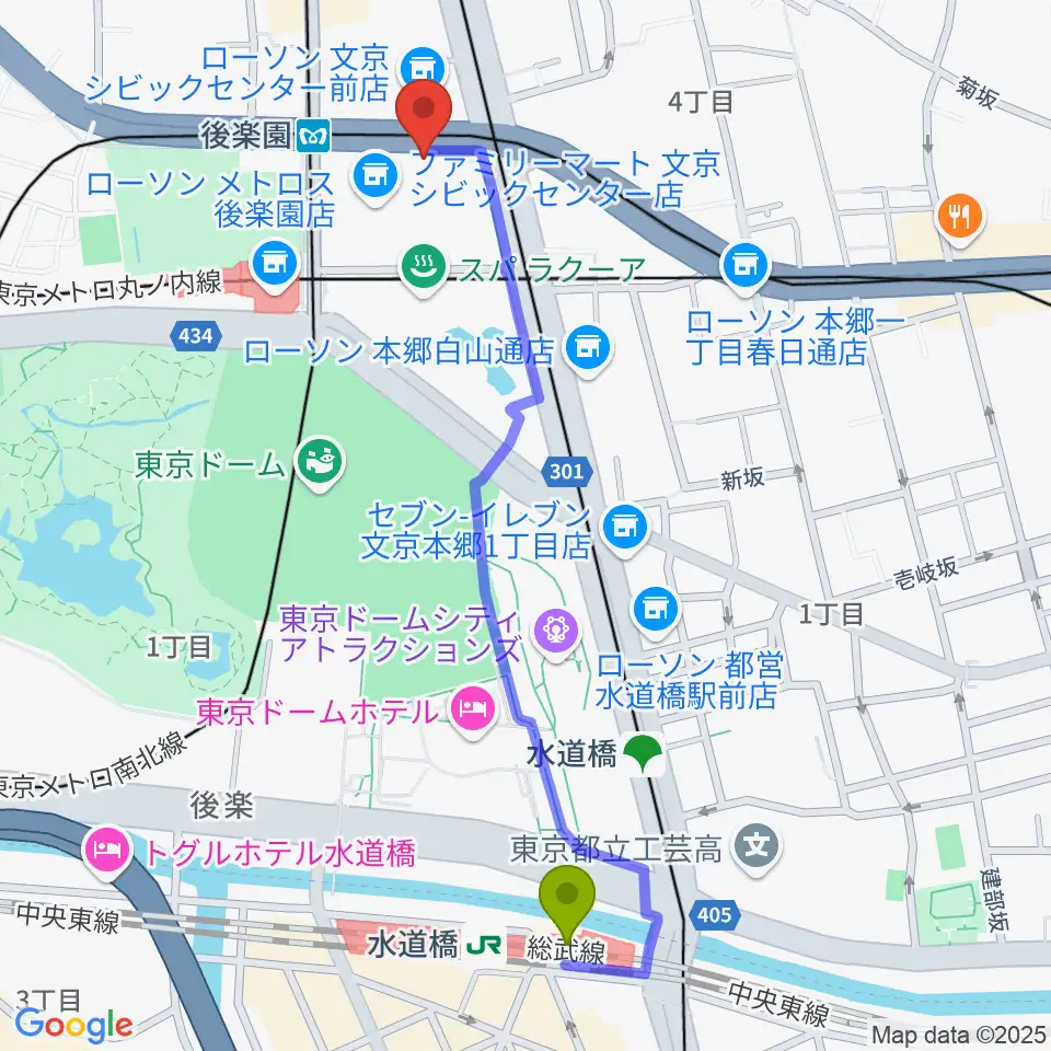 水道橋駅から文京シビックホールへのルートマップ地図