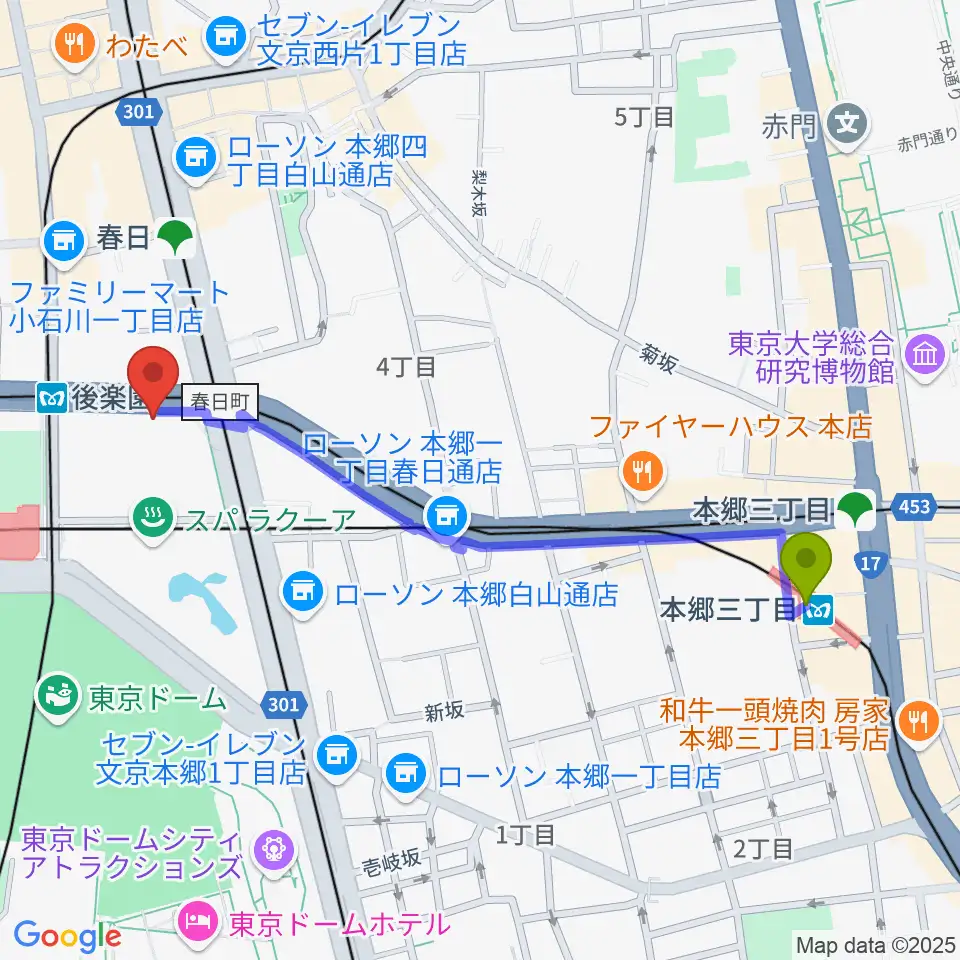 本郷三丁目駅から文京シビックホールへのルートマップ地図