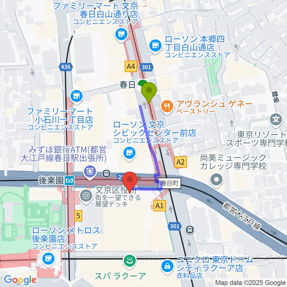 春日駅から文京シビックホールへのルートマップ地図