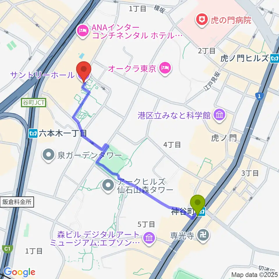 神谷町駅からサントリーホールへのルートマップ地図
