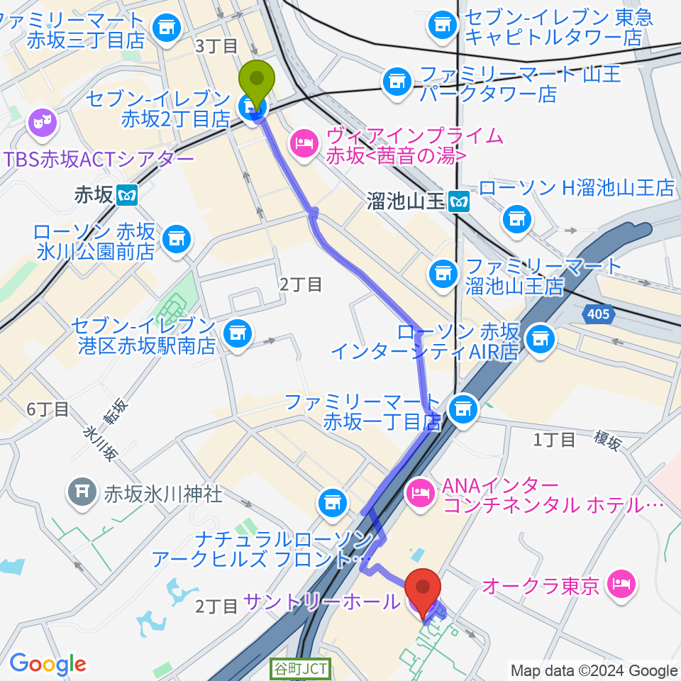 赤坂駅からサントリーホールへのルートマップ地図