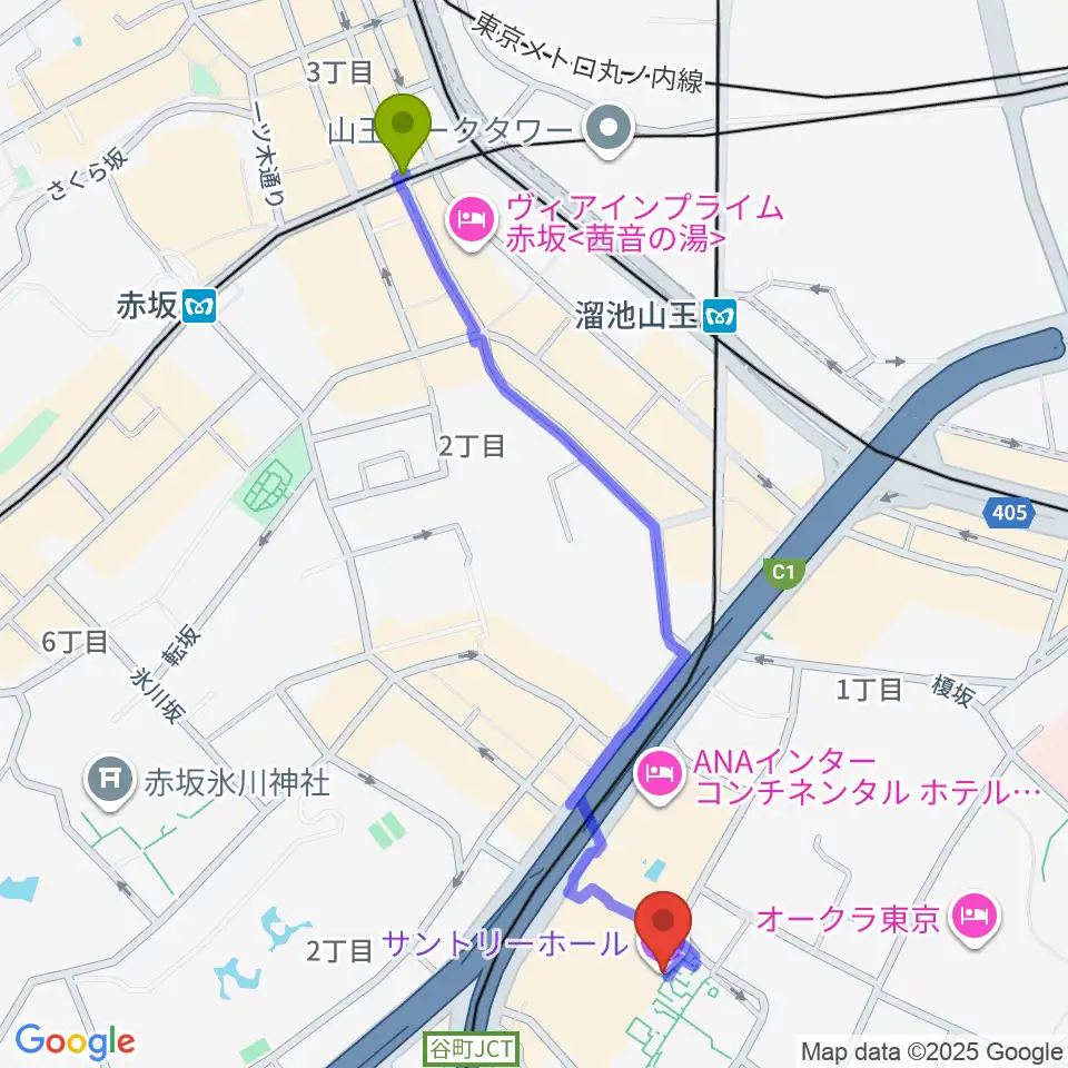 赤坂駅からサントリーホールへのルートマップ地図