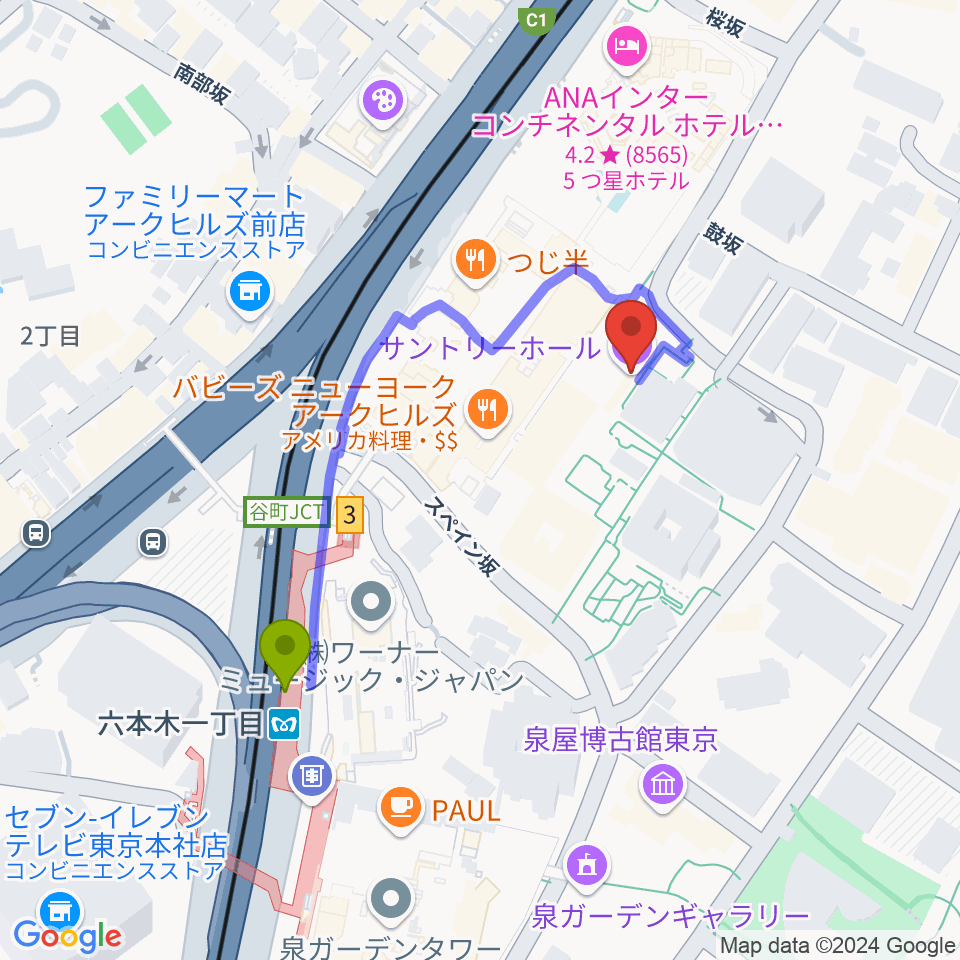 サントリーホールの最寄駅六本木一丁目駅からの徒歩ルート（約4分）地図