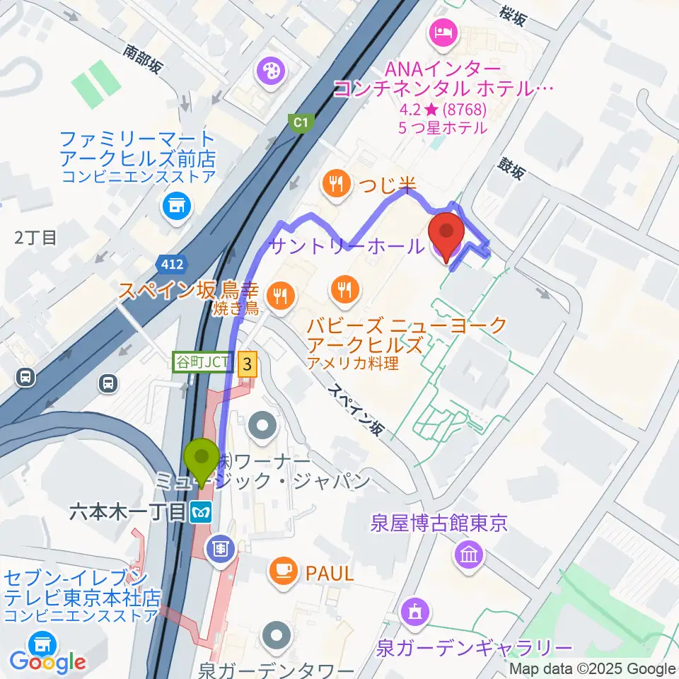 サントリーホールの最寄駅六本木一丁目駅からの徒歩ルート（約4分）地図