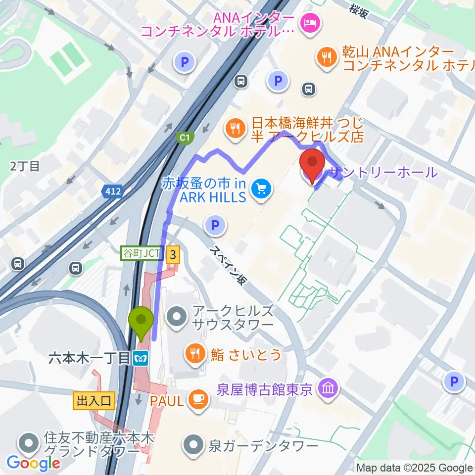 サントリーホールの最寄駅六本木一丁目駅からの徒歩ルート（約4分）地図