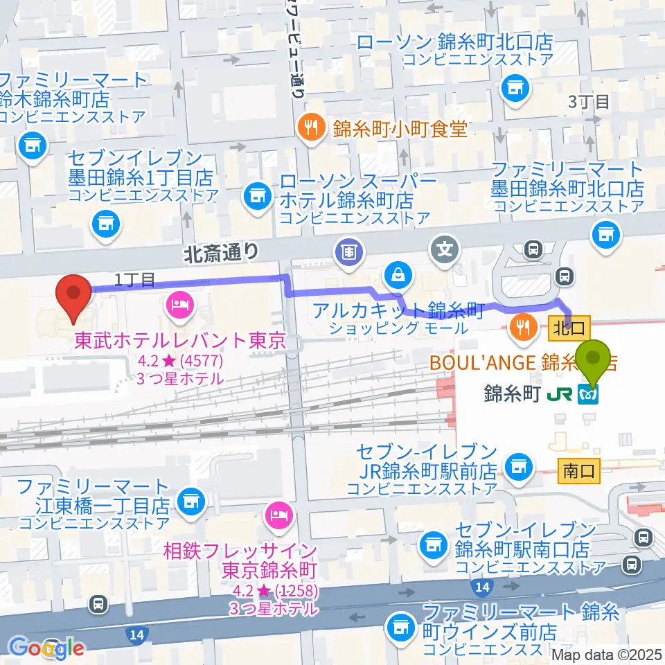 すみだトリフォニーホールの最寄駅錦糸町駅からの徒歩ルート（約6分）地図