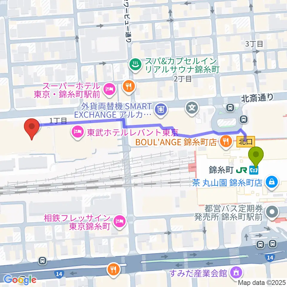 すみだトリフォニーホールの最寄駅錦糸町駅からの徒歩ルート（約6分）地図