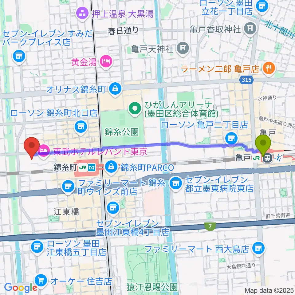 亀戸駅からすみだトリフォニーホールへのルートマップ地図
