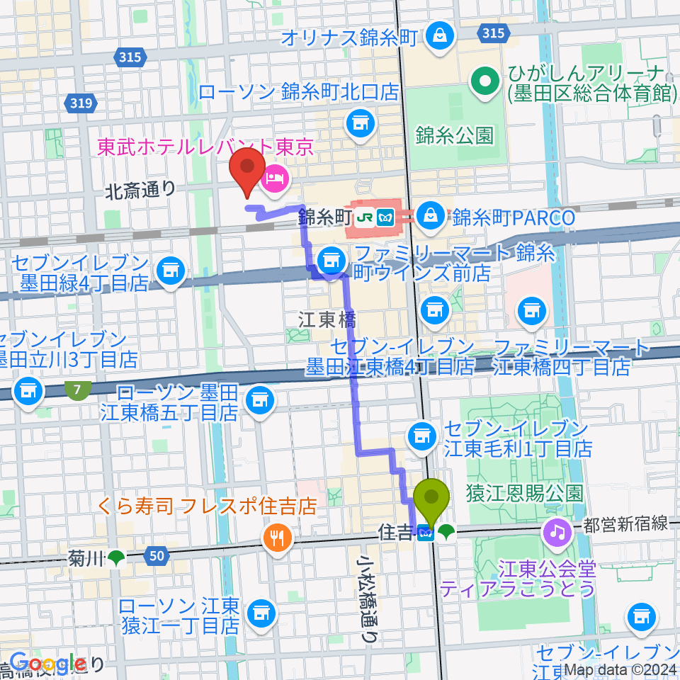 住吉駅からすみだトリフォニーホールへのルートマップ地図