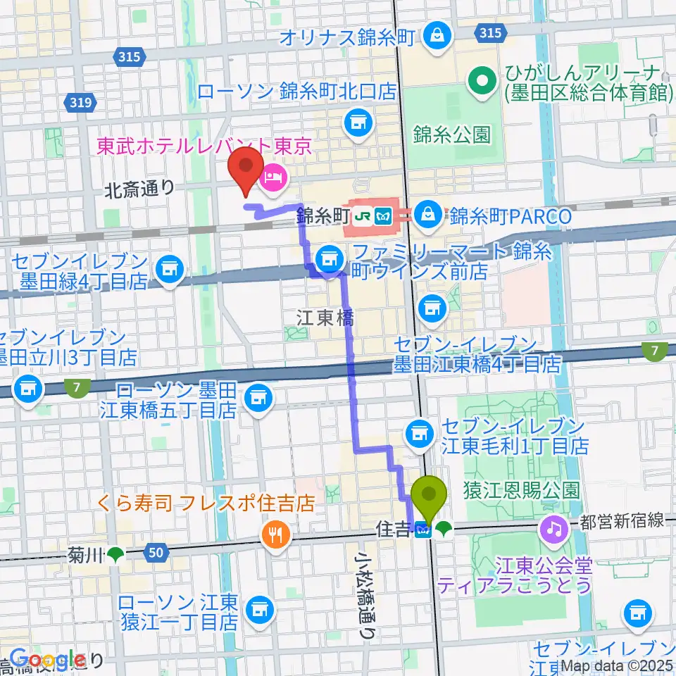 住吉駅からすみだトリフォニーホールへのルートマップ地図