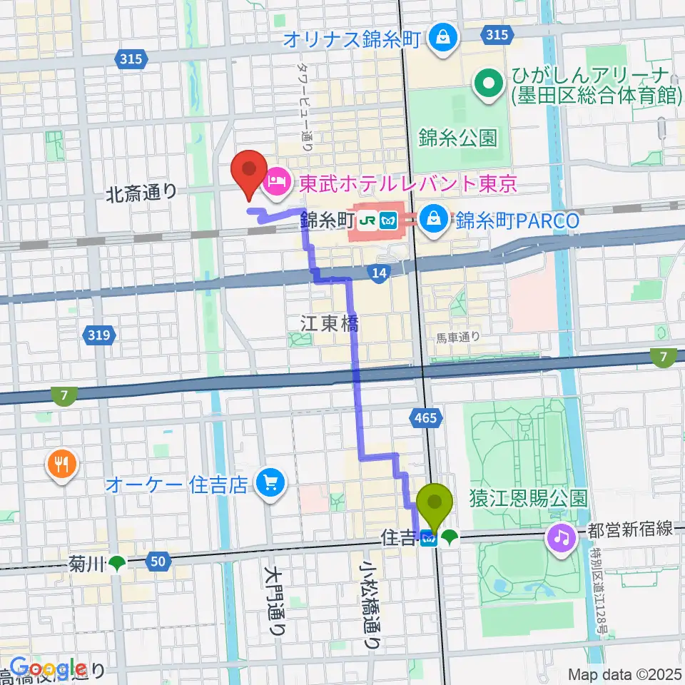 住吉駅からすみだトリフォニーホールへのルートマップ地図