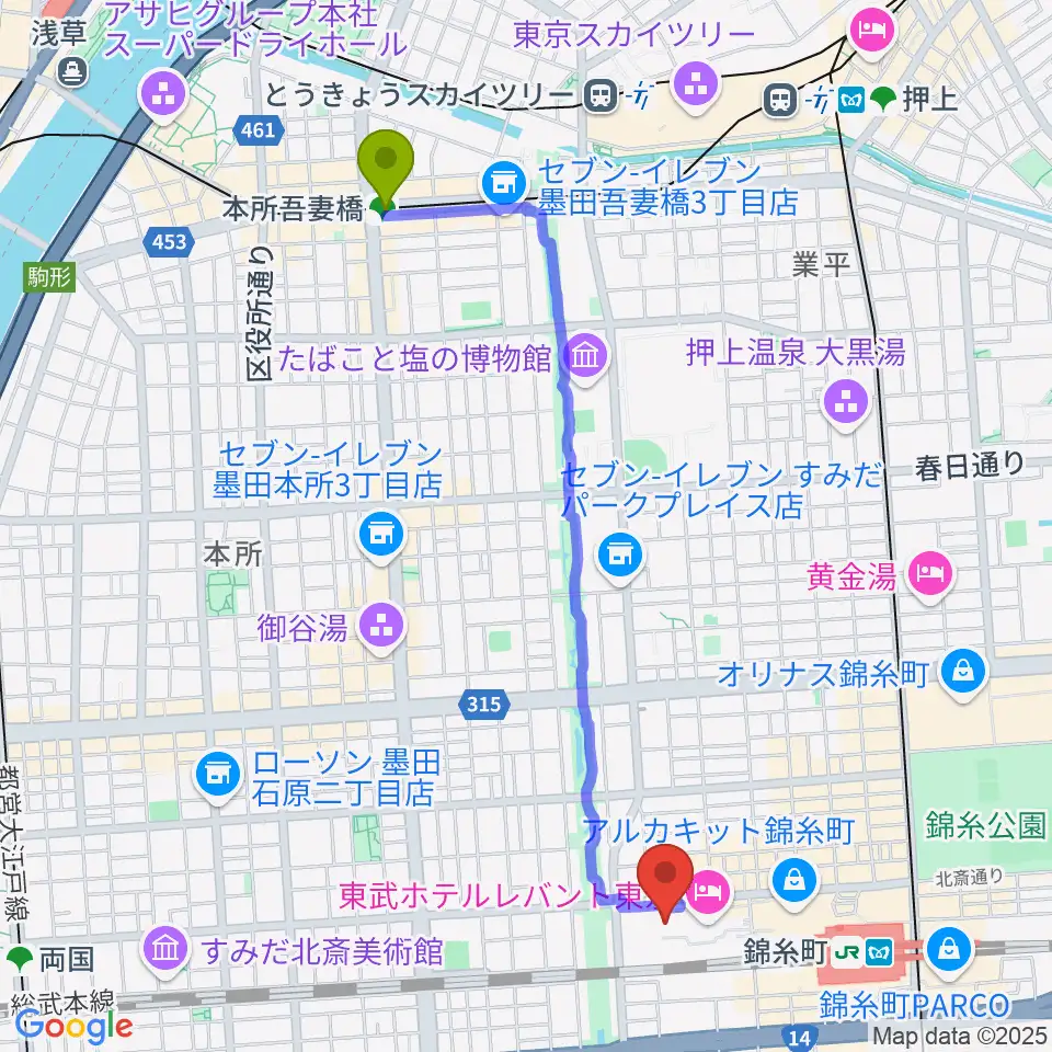 本所吾妻橋駅からすみだトリフォニーホールへのルートマップ地図