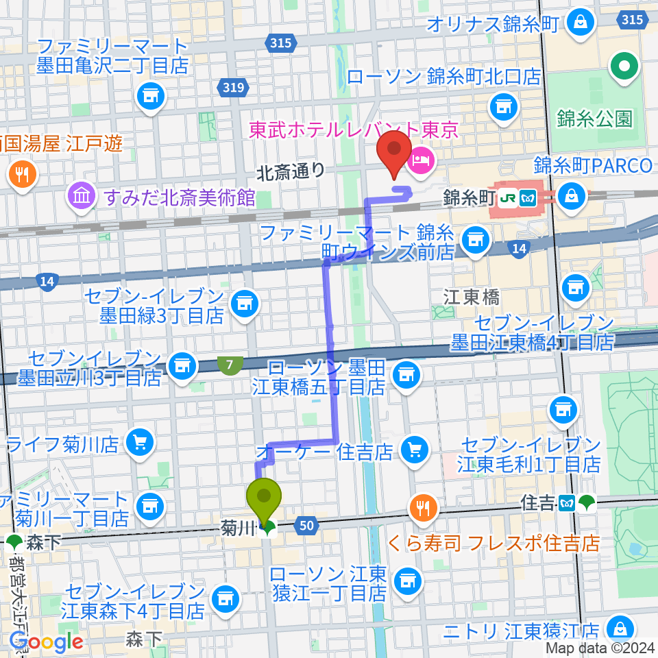 菊川駅からすみだトリフォニーホールへのルートマップ地図