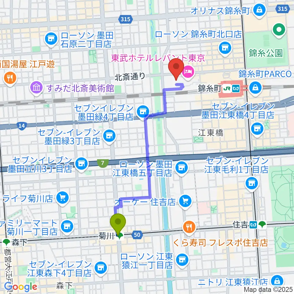 菊川駅からすみだトリフォニーホールへのルートマップ地図