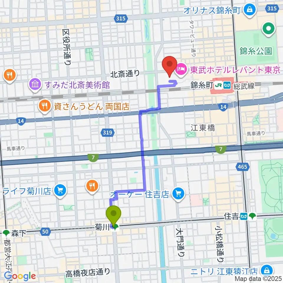 菊川駅からすみだトリフォニーホールへのルートマップ地図