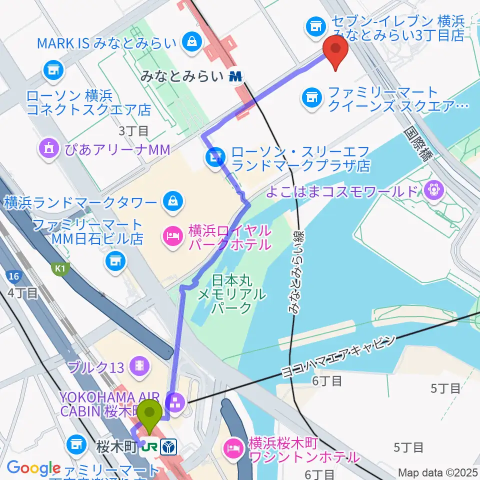 桜木町駅から横浜みなとみらいホールへのルートマップ地図