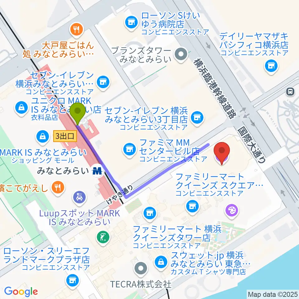 横浜みなとみらいホールの最寄駅みなとみらい駅からの徒歩ルート（約4分）地図