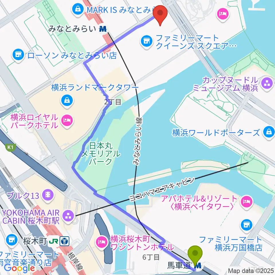 馬車道駅から横浜みなとみらいホールへのルートマップ地図