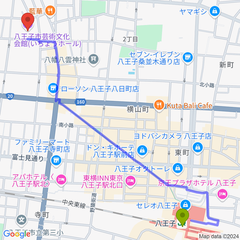 いちょうホール 八王子市芸術文化会館の最寄駅八王子駅からの徒歩ルート（約16分）地図