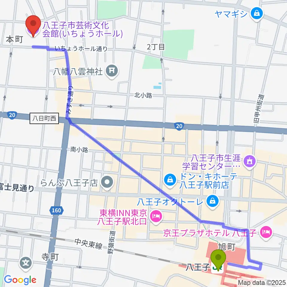いちょうホールの最寄駅八王子駅からの徒歩ルート（約16分）地図