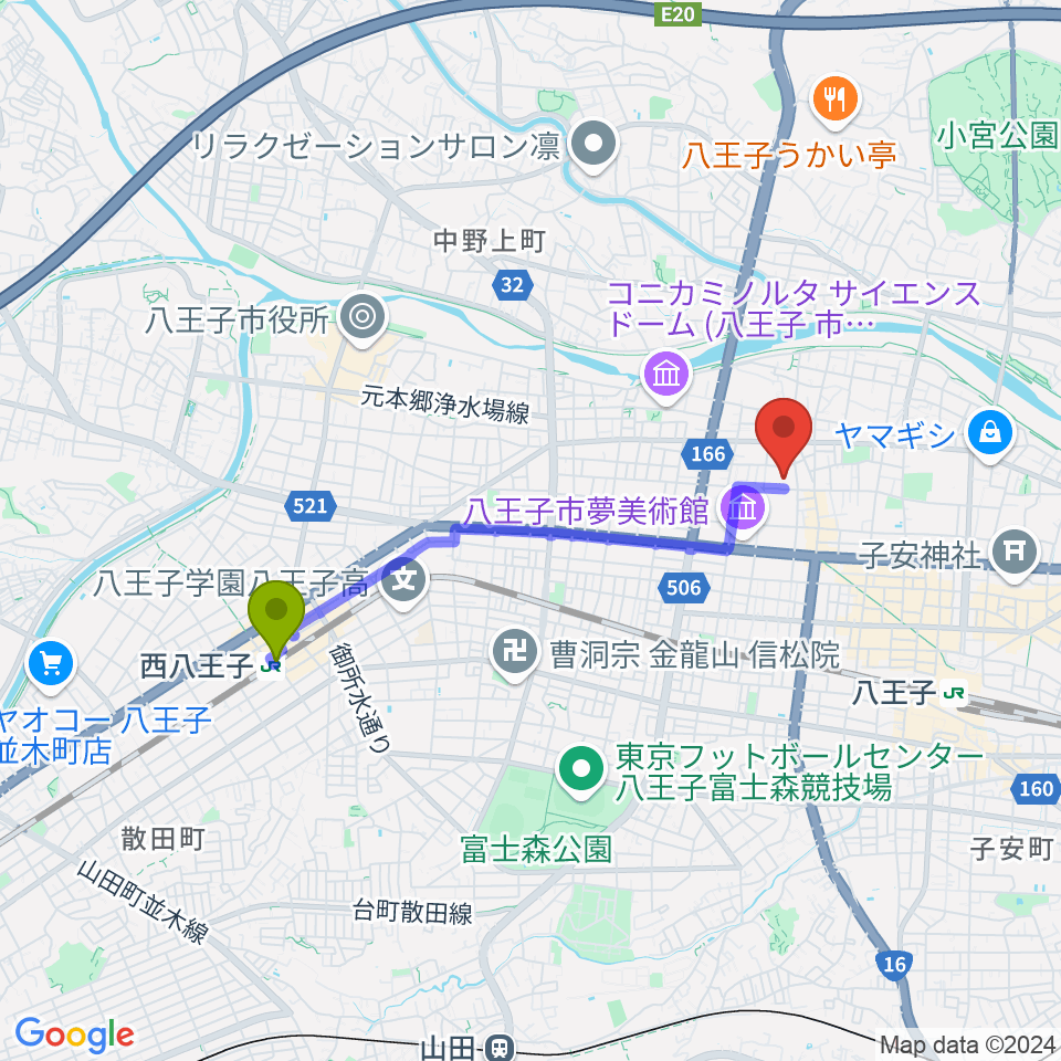 西八王子駅からいちょうホール 八王子市芸術文化会館へのルートマップ地図