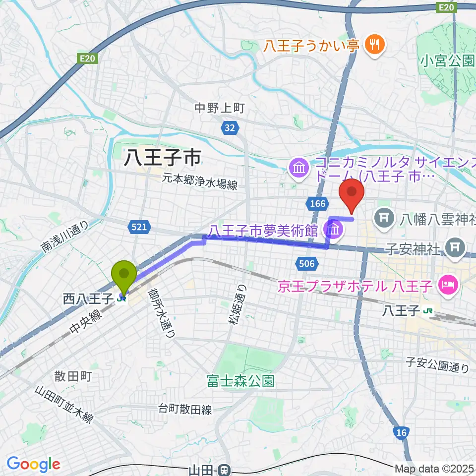西八王子駅からいちょうホールへのルートマップ地図
