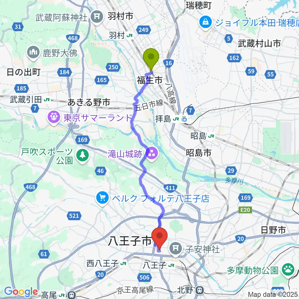 福生駅からいちょうホールへのルートマップ地図