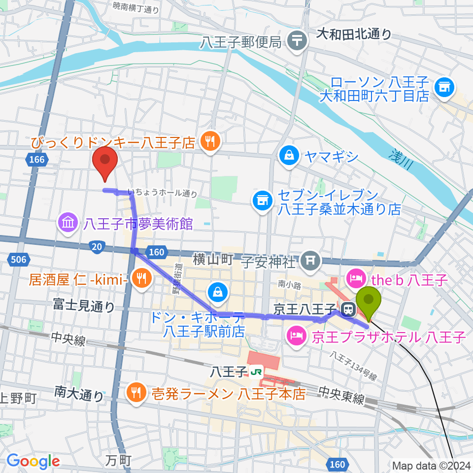 京王八王子駅からいちょうホール 八王子市芸術文化会館へのルートマップ地図