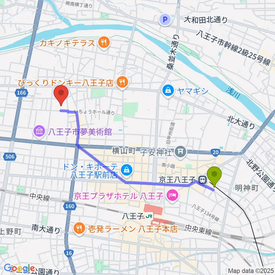 京王八王子駅からいちょうホールへのルートマップ地図