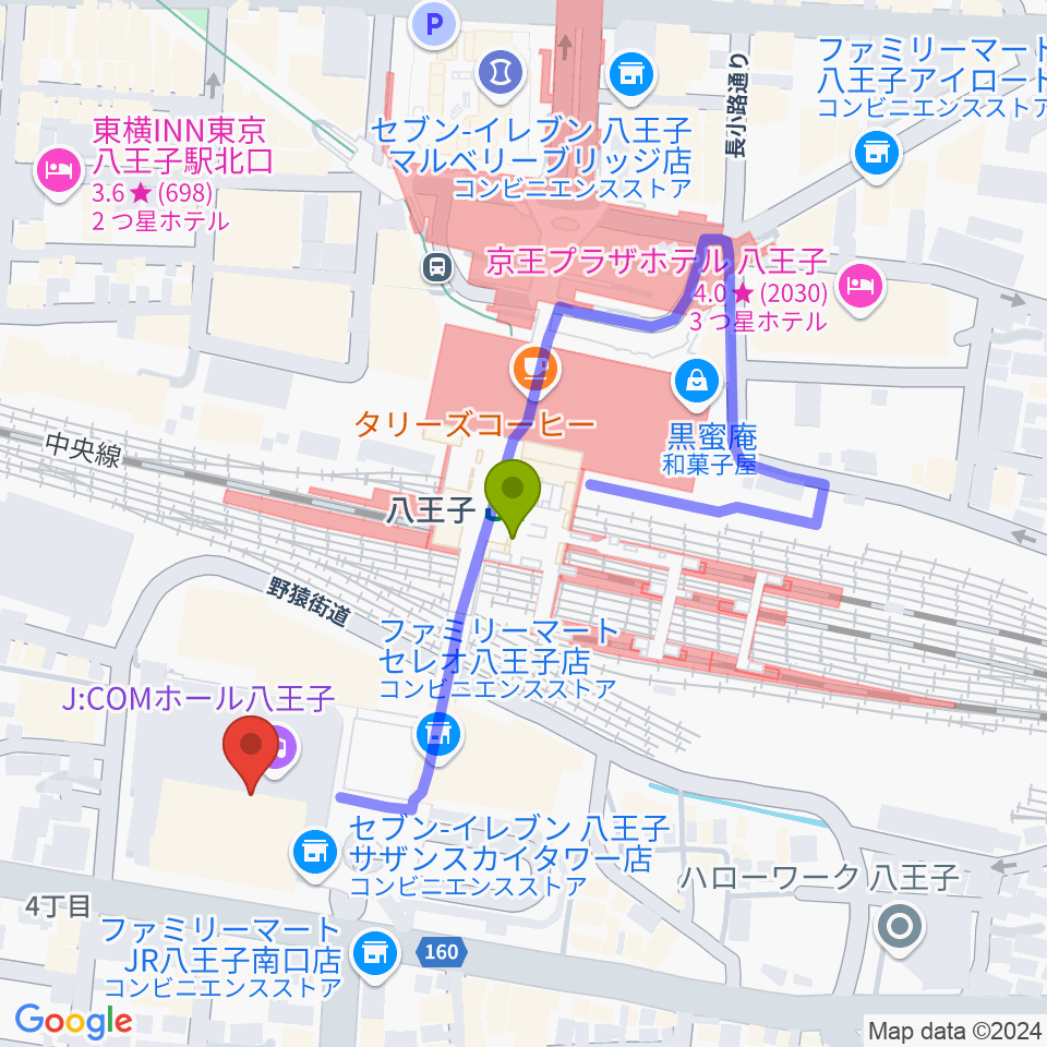 J:COMホール八王子の最寄駅八王子駅からの徒歩ルート（約3分）地図