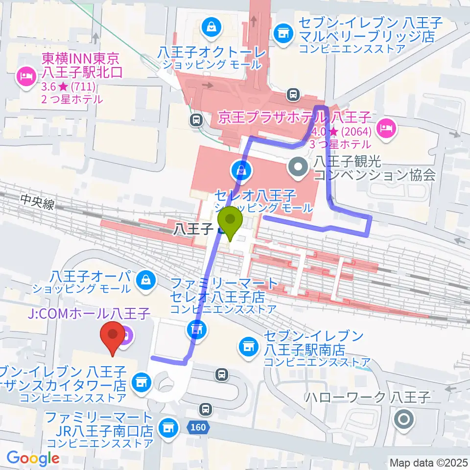 J:COMホール八王子の最寄駅八王子駅からの徒歩ルート（約3分）地図