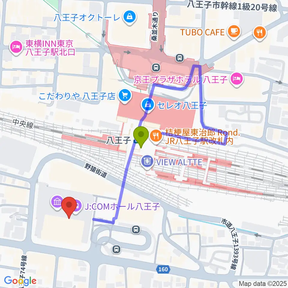 J:COMホール八王子の最寄駅八王子駅からの徒歩ルート（約3分）地図