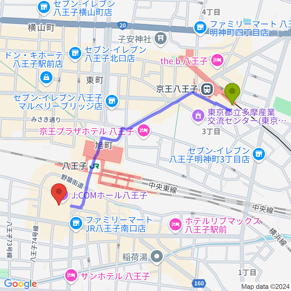 京王八王子駅からJ:COMホール八王子へのルートマップ地図